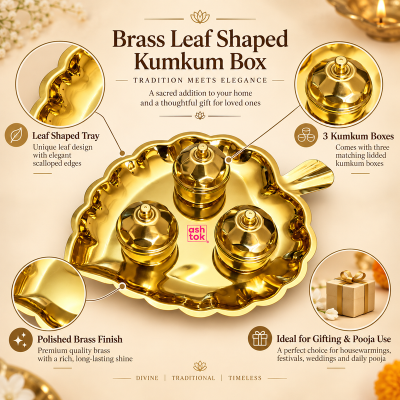 Features infographic of the ASHTOK brass leaf shaped kumkum box set showing the polished brass leaf-shaped tray with elegant scalloped edges, three matching lidded kumkum boxes, smooth reflective brass finish and traditional gifting design. The image highlights the leaf shaped tray, three kumkum containers, premium polished brass appearance and suitability for pooja, festivals, weddings, housewarmings and thoughtful gifting, all presented on a warm beige background.