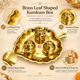 Features infographic of the ASHTOK brass leaf shaped kumkum box set showing the polished brass leaf-shaped tray with elegant scalloped edges, three matching lidded kumkum boxes, smooth reflective brass finish and traditional gifting design. The image highlights the leaf shaped tray, three kumkum containers, premium polished brass appearance and suitability for pooja, festivals, weddings, housewarmings and thoughtful gifting, all presented on a warm beige background.