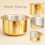 Close-up details of Ashtok brass Patila highlighting the shiny brass exterior finish, special silver-coated interior, and smooth rolled rim.