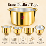 Features infographic for Ashtok brass Patila or Tope showing different angles and highlighting special silver lining inside, even heat distribution, easy cleaning, and daily cooking suitability.