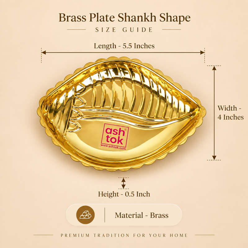 Size guide image of the Ashtok brass plate shankh shape showing the exact product dimensions in a premium beige infographic layout. The polished golden brass plate is displayed prominently in the center with clear measurement markings indicating a length of 5.5 inches, width of 4 inches and height of 0.5 inch, along with the material clearly stated as brass. The product has a traditional shankh or shell-inspired shape, scalloped edges, embossed decorative ridges and a highly reflective glossy brass finish. 