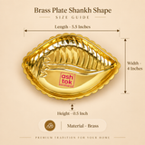 Size guide image of the Ashtok brass plate shankh shape showing the exact product dimensions in a premium beige infographic layout. The polished golden brass plate is displayed prominently in the center with clear measurement markings indicating a length of 5.5 inches, width of 4 inches and height of 0.5 inch, along with the material clearly stated as brass. The product has a traditional shankh or shell-inspired shape, scalloped edges, embossed decorative ridges and a highly reflective glossy brass finish. 