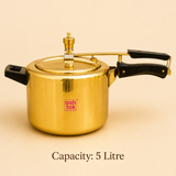 Golden Ashtok brass pressure cooker centered above a 5 Litre capacity text label.