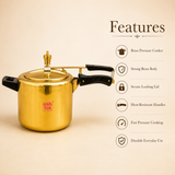 Features infographic for Ashtok brass pressure cooker highlighting strong brass body, secure locking lid, heat-resistant handles, fast pressure cooking, and durable everyday use.