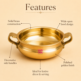Features infographic for Ashtok brass serving bowl with side handles highlighting solid brass construction, wide open bowl design, decorative side handles, polished golden finish, and ideal use for festive decor and serving.