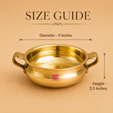 Size guide graphic for Ashtok brass serving bowl with handles indicating a 5 inches diameter and a 2.5 inches height.