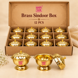 ASHTOK brass sindoor box 12 pieces quantity variant image showing a neatly packed box containing 12 brass sindoor boxes, with sample pieces displayed in front, ideal for gifting sets, festive orders, retail packs and special occasion distribution.
