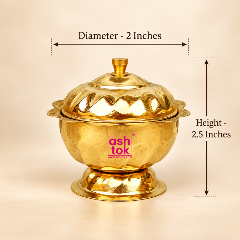 ASHTOK brass sindoor box size guide image showing 2 inch diameter and 2.5 inch height, featuring a polished golden brass finish, round shape, decorative lid, footed base and compact design suitable for kumkum and sindoor storage.