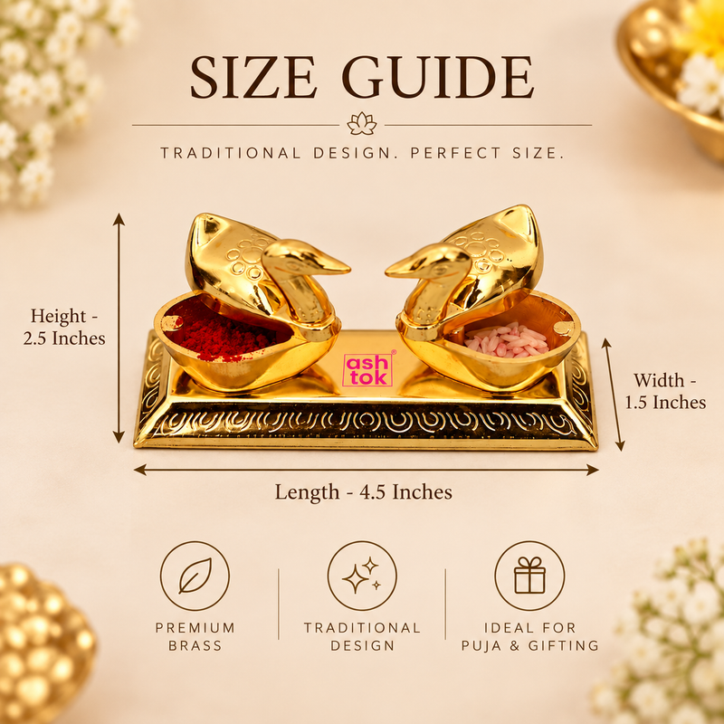 Ashtok brass sindoor box with double duck design size guide image showing a decorative golden brass double dabbi with two compartments on a rectangular base, suitable for storing kumkum and rice, with dimensions 4.5 inches length, 1.5 inches width, and 2.5 inches height on a beige background.