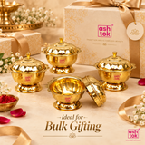 ASHTOK brass sindoor box bulk gifting image showing multiple polished brass sindoor boxes styled with elegant gift packaging, suitable for festive gifting, return gifts, wedding gifting, pooja gifting and premium traditional gifting purposes.