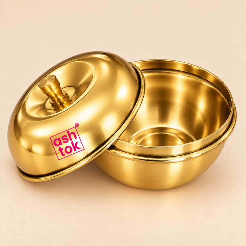 Detailed close-up view of the Ashtok Brass Sindoor Box shown open on a clean warm beige studio background to display the smooth polished brass interior, rounded storage bowl, rolled rim, matching dome-shaped lid and small turned brass knob. The lid is positioned beside the open container so customers can clearly see both the inside and outside construction, while the original pink Ashtok logo remains visible on the glossy golden lid. The rich polished brass finish and clean curved design make this compact 2