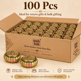 100 Pcs bulk pack of ASHTOK brass sindoor kum kum boxes shown in secure packaging with sample pieces displayed outside, ideal for return gifts, bulk gifting, festive functions and large orders.