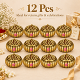12 Pcs ASHTOK brass sindoor kum kum box set arranged in a festive gifting presentation, suitable for return gifts, celebrations, pooja events and bulk gifting.
