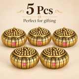 5 Pcs ASHTOK brass sindoor kum kum box set displayed together on a beige background, ideal for gifting, festive occasions, pooja return gifts and celebrations.