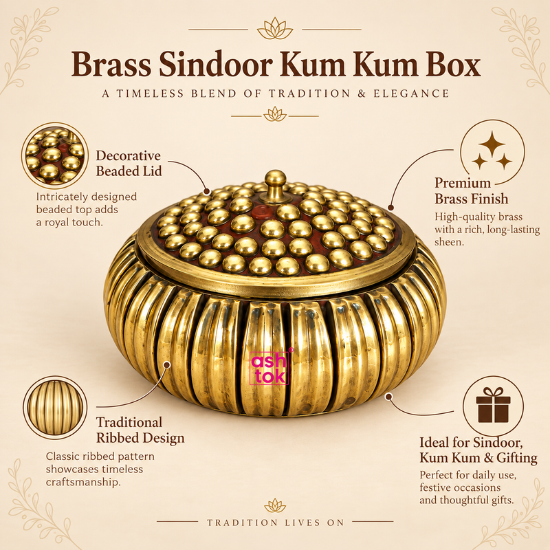Features image of ASHTOK brass sindoor kum kum box highlighting decorative beaded lid, premium brass finish, traditional ribbed design and suitability for sindoor, kum kum and gifting.