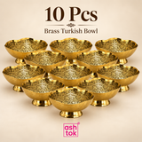 Ten-piece quantity image featuring 10 matching Ashtok Brass Turkish Bowls displayed together on a beige background, each designed with an elegant scalloped rim, detailed floral and leaf engraving, polished brass exterior and raised pedestal base. The 10 Pcs presentation highlights the product as a practical medium-quantity option for wedding return gifts, festive gifting, pooja functions, family events, housewarming giveaways, corporate gifts and celebration hampers, combining traditional craftsmanship with