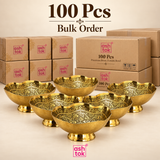 Bulk order image representing 100 pieces of the Ashtok Brass Turkish Bowl for large return gift requirements, wholesale orders, weddings, festive functions, corporate gifting, event giveaways and large celebrations. The presentation showcases multiple decorative brass bowls along with ASHTOK-branded packaging, emphasizing the product’s scalloped rim, intricate traditional floral engraving, golden brass finish and raised pedestal base. This 100 Pcs bulk option is intended for customers seeking a coordinated 