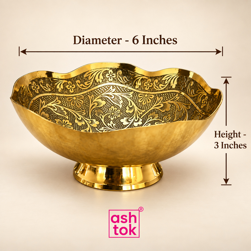 Ashtok Brass Turkish Bowl shown in a detailed size guide image on a beige background, clearly displaying a diameter of 6 inches and height of 3 inches while preserving the bowl’s distinctive scalloped rim, intricate floral engraving, polished golden brass surface and stable pedestal base. This measurement image helps customers understand the actual dimensions and proportions of the decorative Turkish-style brass bowl before purchase, making it easier to evaluate its suitability for serving dry fruits, sweet