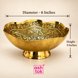 Ashtok Brass Turkish Bowl shown in a detailed size guide image on a beige background, clearly displaying a diameter of 6 inches and height of 3 inches while preserving the bowl’s distinctive scalloped rim, intricate floral engraving, polished golden brass surface and stable pedestal base. This measurement image helps customers understand the actual dimensions and proportions of the decorative Turkish-style brass bowl before purchase, making it easier to evaluate its suitability for serving dry fruits, sweet