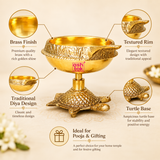 Feature infographic of Ashtok brass diya with turtle base, showcasing the traditional brass construction, compact diya bowl, decorative base design, and suitability for pooja, festive decor, and gifting.