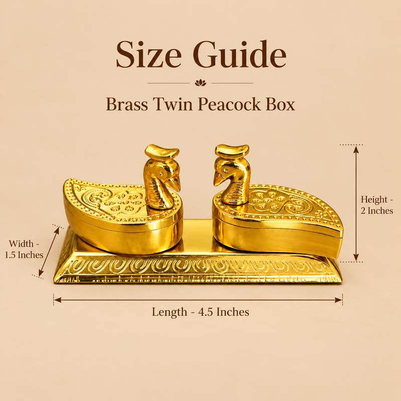 Size guide image of the brass twin peacock box shown on a premium beige background with clear measurement callouts. The product is displayed from the front and highlights its approximate dimensions of 4.5 inches in length, 1.5 inches in width and 2 inches in height. The image shows the twin peacock-shaped compartment lids, embossed decorative detailing, polished golden brass finish and rectangular base, while the measurement arrows help customers understand the proportions before purchase. This size guide i