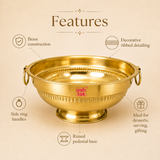 Features infographic for Ashtok brass urli bowl highlighting brass construction, decorative ribbed detailing, side ring handles, raised pedestal base, and ideal use for desserts, serving, and gifting.
