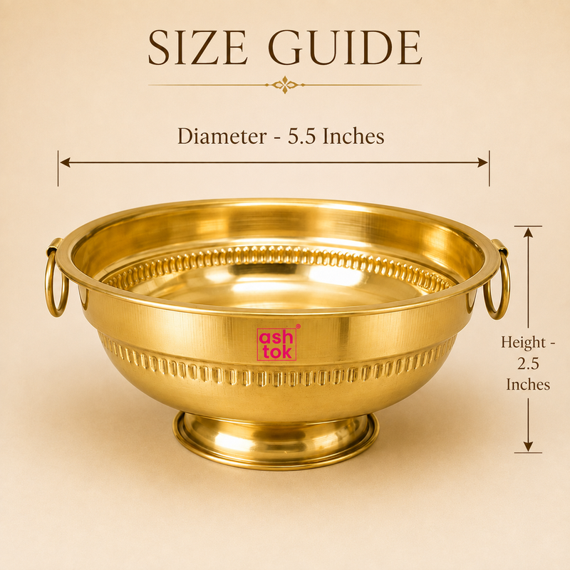 Size guide graphic for Ashtok brass urli bowl indicating a 5.5 inches diameter and a 2.5 inches height.