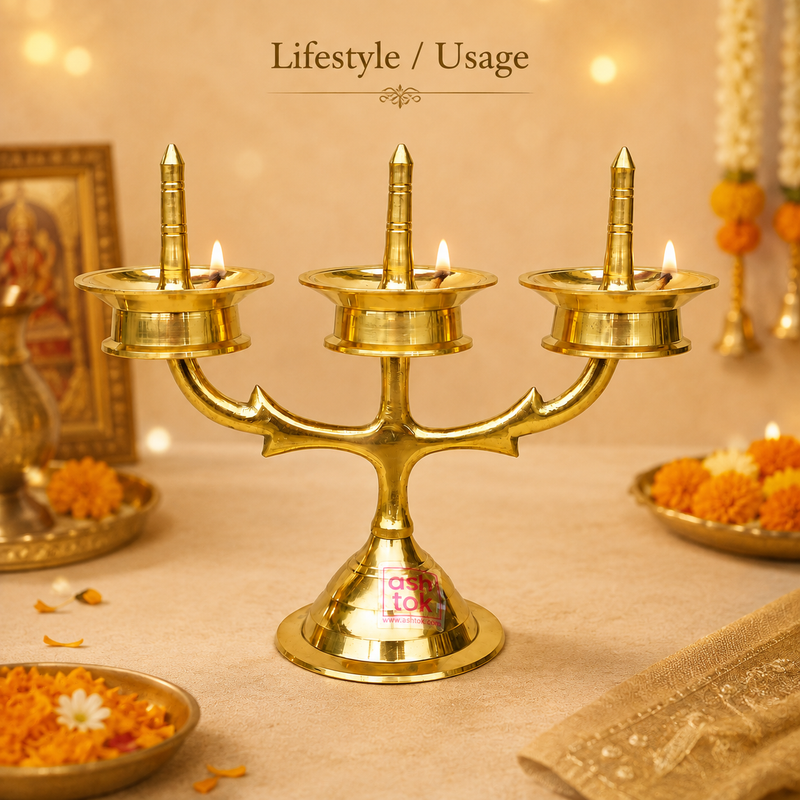 Bulk orders promotional banner showing four Ashtok 3-face brass diya stands for gifting, pooja return gifts, and festive decor.