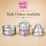 Promotional image for Ashtok advertising bulk orders available for the 3-piece aluminium Irani chai tea set, featuring the collection bowl, tap container, and boiling pot side-by-side.