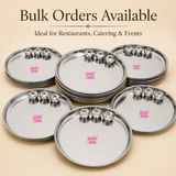 Promotional banner for Ashtok advertising bulk orders available for restaurants, catering, and events, showing multiple stacked stainless steel Mandi thalis with bowls.