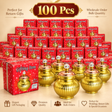 Bulk quantity image showing 100 pieces of the Ashtok chocolate box surai gift item conceptually presented for wholesale, festive gifting, return gifts, and large event orders. The visual focuses on the elegant brass-finish surai jars with copper lids and crystal-style knobs, arranged to communicate large-volume gifting suitability for weddings, festive occasions, corporate gifting, pooja functions, and special celebrations. The image conveys premium return gift appeal, coordinated packaging value, and a ric