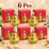 Six-piece gifting image of the Ashtok chocolate box surai set, displayed as a coordinated festive return gift collection on a clean beige background. Each surai jar features a rounded ribbed body in a gold-brass finish, a contrasting copper-toned lid, and a crystal-style knob that enhances the premium handcrafted look. The grouped arrangement is ideal for product pages targeting smaller return gift quantities for family functions, pooja gifting, festive celebrations, intimate gatherings, or premium personal