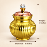 ize guide image of the Ashtok chocolate box surai gift item displayed on a beige background, showing the decorative brass and copper finished storage jar with measurement details clearly marked. The image highlights the product’s approximate dimensions with a diameter of 4 inches and a height of 6 inches, making it easy for shoppers to understand the scale and storage size before purchase. The surai-shaped container features a rounded ribbed body, a contrasting copper lid, and a crystal-style top knob, comb