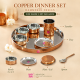 Product breakdown infographic for Ashtok copper dinner set showing set inclusions: serving tray, tumbler, set of 3 bowls, small plate/lid, and spoon.