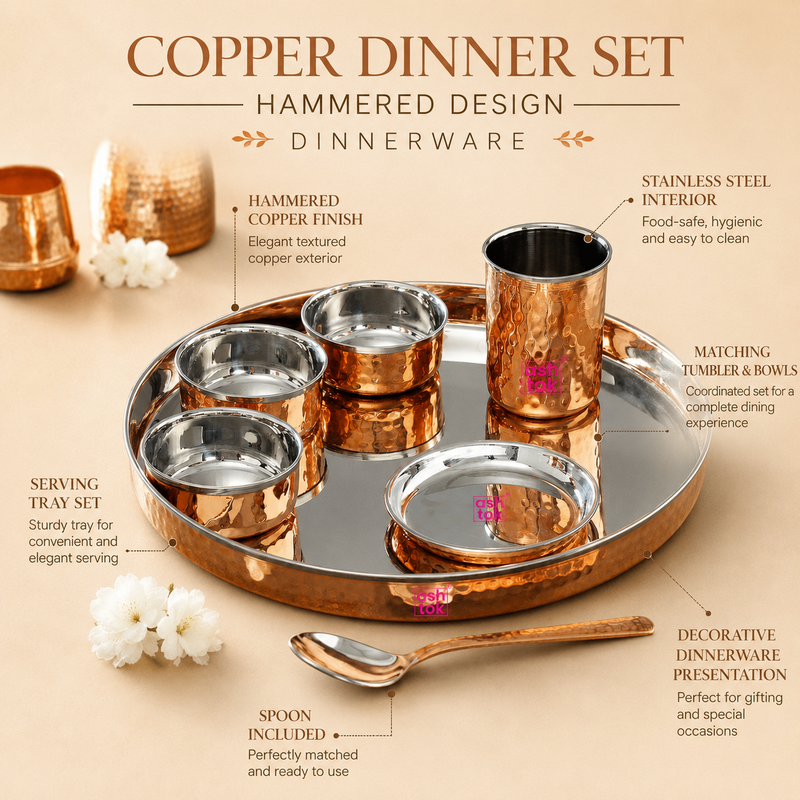Features infographic for Ashtok copper dinner set highlighting hammered copper finish exterior, food-safe stainless steel interior, matching tumbler and bowls, serving tray, included spoon, and decorative presentation.