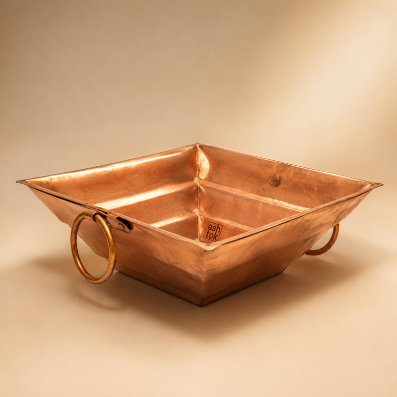 Ashtok pure copper square Havan Kund vessel centered over an 8 x 8 Inch size label.