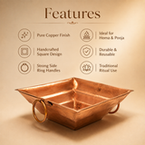 Features infographic for Ashtok copper Havan Kund highlighting pure copper finish, handcrafted square design, strong side ring handles, suitability for homa and pooja, durability, and traditional ritual use.