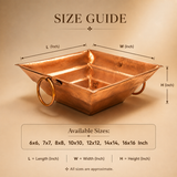 Size guide graphic for Ashtok copper Havan Kund showing length, width, and height dimensions along with available sizes ranging from 6x6 to 16x16 inches.