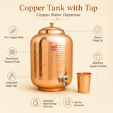Product infographic for the Ashtok pure copper water dispenser tank featuring a hammered finish, secure fitted lid, integrated tap, and a matching hammered copper tumbler glass.