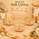 Bulk gifting image of Ashtok crystal basket gift item showing multiple crystal baskets arranged with gift boxes and festive decor, suitable for weddings, return gifts, festive gifting and premium gifting.