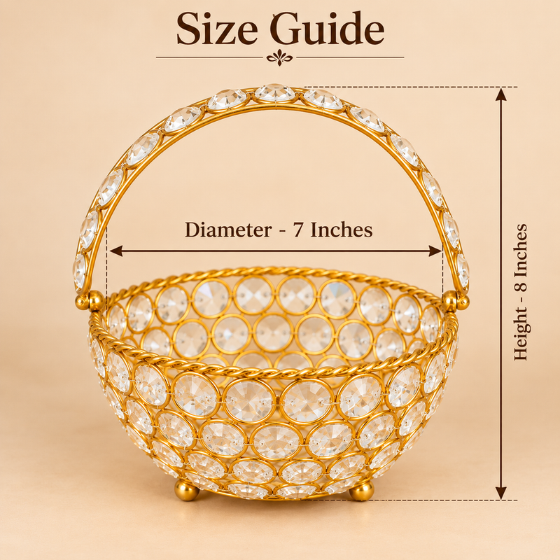 Size guide  image of Ashtok with diameter of 7 inches and height 8 inches crystal basket gift item showing the gold finish frame, circular embellishments, arched crystal handle and premium decorative craftsmanship on a beige background.