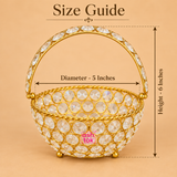 Size guide image of Ashtok crystal basket gift item showing a decorative gold finish basket with crystal detailing, 5 inch diameter and 6 inch height, displayed on a beige background for product dimension reference