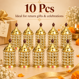 10 Pcs ASHTOK Crystal Diya Brass set arranged in a festive and elegant return gift presentation. The image shows ten matching brass crystal diyas displayed together on a warm beige background with decorative festive props, gift elements and soft floral styling. The visual clearly communicates that the set is ideal for return gifts, festive celebrations, pooja functions, family events and bulk gifting, while also showing the premium design consistency of all ten pieces.