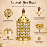 Features infographic of the ASHTOK Crystal Diya Brass highlighting the main product details in an elegant visual format. The image shows the brass crystal diya in the center with close-up callouts for the sparkling crystal stone body, polished brass finish, star-cut decorative lid and removable diya cup. Designed on a warm beige background, the infographic emphasizes the premium craftsmanship, festive appeal and gifting suitability of the product while making the design and functionality easy to under