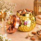 ASHTOK gold-tone decorative jar filled with almonds, cashews and pistachios for festive serving