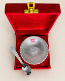 ASHTOK German silver engraved bowl with matching spoon in red velvet gift box for return gifts, weddings and festive gifting
