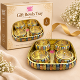 Single pack packaging image of the Ashtok Gift Bowls Tray showing one complete tray set in premium gift box packaging, featuring a decorative square tray with four matching multitone lidded bowls, suitable for gifting and home serving use.
