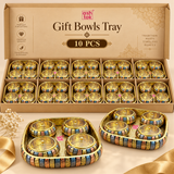 Packaging image of the Ashtok Gift Bowls Tray showing a 10 piece box pack with multiple tray sets arranged neatly inside a branded display box, suitable for bulk orders, festive gifting, and premium presentation.