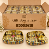 Bulk packaging image of the Ashtok Gift Bowls Tray showing a large open box containing 100 pieces of the tray set arranged in compartments, with the product displayed in front to highlight wholesale, return gift, and bulk supply use.