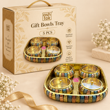 Gift packaging image of the Ashtok Gift Bowls Tray showing a 5 piece box pack in premium printed packaging, with the decorative tray and four matching lidded bowls displayed in front on a beige studio background.